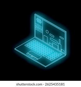 Neon blue isometric laptop with analytics dashboard displayed on its screen on dark background
