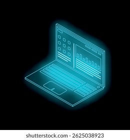 Laptop isométrico azul néon mostrando a interface de design do site em um fundo preto