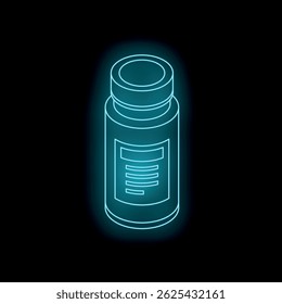 Neon blue isometric medicine bottle glowing on black background