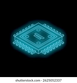 Neon blue isometric microchip glowing on a dark background, symbolizing innovation in computer science and electronic engineering