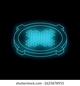 Neon blue isometric microchip glowing on dark background, showcasing intricate grid pattern, symbolizing advanced technology and futuristic design