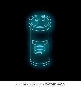 Neon blue isometric protein container with blank label glowing on black background