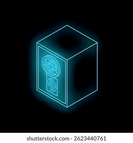 Neon blue isometric safe glowing on dark background, representing data protection and security in virtual world