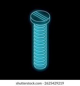 Parafuso isométrico azul neon brilhante no fundo preto, perfeito para marketing da loja de hardware