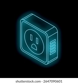 Neon blue isometric smart plug glowing on a black background, representing modern power solutions and smart home technology