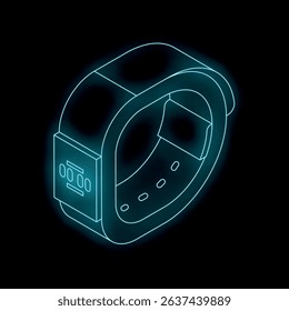 Neon blue isometric smartwatch glowing on black background, concept for wearable technology and innovation