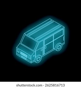Neonblauer isometrischer Lieferwagen, der auf schwarzem Hintergrund leuchtet und für Transport, Reisen und modernes Design steht