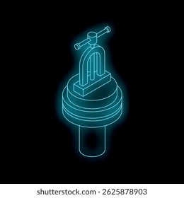 Neon blue isometric wireframe vice grip holding a cylindrical object, glowing on a dark background, representing industrial concepts