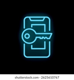Neon blue key unlocking smartphone screen representing mobile security