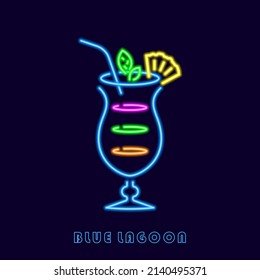 Neon blue lagoon cocktail. Colorful drink in luminous highball glass with straws and pineapple wedge. Abstract refreshing long drink with pleasant vector taste
