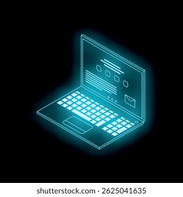 Neon blue laptop computer with glowing screen showing website interface