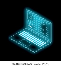 Neon blue laptop displaying audio content and settings, suggesting online streaming or multimedia editing