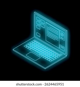 Neon blue laptop showing user interface in dark environment, representing modern technology and user experience