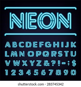 Neon Blue Light Alphabet Vector Font.
Ttype letters, numbers and punctuation marks. Blue neon tube bold letters on the dark background.