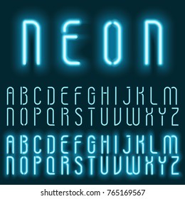 Neon blue light alphabet vector font. Glowing text effect. Neon tube letters on the dark blue background.