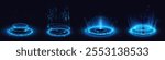 Neon blue light circles set isolated on black background. Vector realistic illustration of round platforms with protective dome, hologram portal, bright energy sparkles, futuristic space teleport