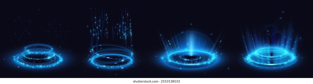 Círculos de luz azul néon definidos isolados no plano de fundo preto. Ilustração realista vetorial de plataformas redondas com cúpula protetora, portal holográfico, brilhos de energia brilhante, teletransporte espacial futurista