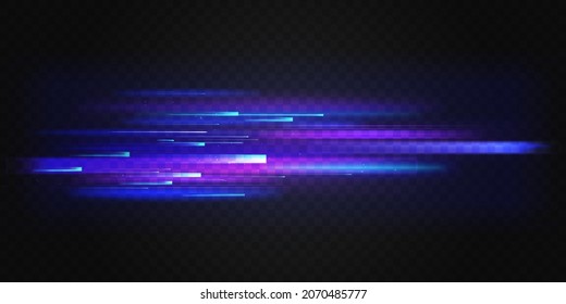 Neon blue light fast motion, speed lines movement abstract fusion effect vector illustration. Futuristic horizontal texture of speedy transportation, graphic action stripes on dark background