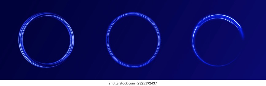 Círculo de forma geométrica de luz azul neón. 3 quinquies de luz. Abstracción del círculo neón, luz de forma geométrica azul. Símbolo láser. Luz azul redonda torcida, adecuada para publicidad de productos, vector de diseño de productos.