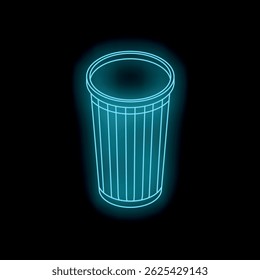 Neon blue light glowing trash bin icon graphic on black background