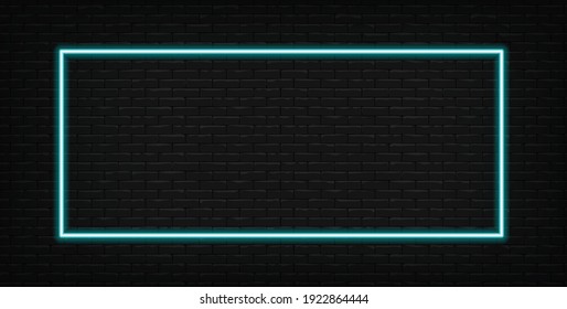 Neon blue light on dark black brick wall vector illustration. Neon border or frame. Lights sign. Vector abstract neon background for signboard or billboard. Geometric glow outline.