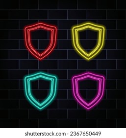 Neon blue light shield sign protection concept vector background. yellow, red, green, blue, pink and orange