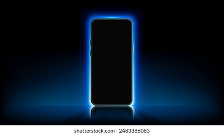 Neon Blue Light Smartphone Mock up Vector Illustration. Futuristic Mobile Screen with Glowing Shadow. Vector.