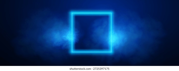Marco cuadrado de luz azul neón. Caja con luz led. Neón geométrico con contorno de humo. Anuncio. Ilustración vectorial.