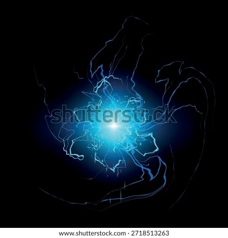 Neon blue lightning strike with a bright flash in the center, high-voltage voltage. Crack, portal, explosion, battle. Magic, technology, atmosphere. Vector illustration. Isolated black background.