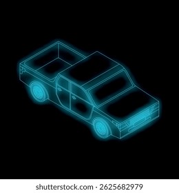 Neon blue line art drawing of a pickup truck, showing an isometric view