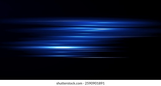 Neon blue lines moving light effect. Horizontal lines. Speed ​​effect on a transparent background. Lines of light, speed and movement.