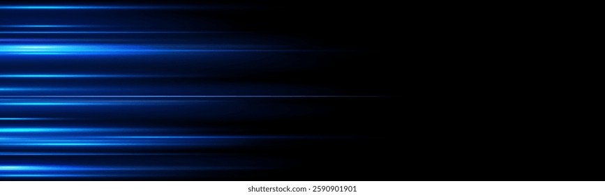 Neon blue lines moving light effect. Horizontal lines. Speed ​​effect on a transparent background. Lines of light, speed and movement.