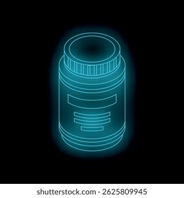 Neon blue medicine bottle is glowing on a black background