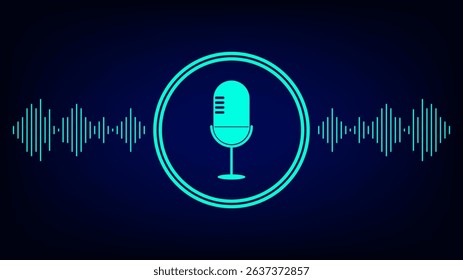 Neon blue microphone icon in a circle with surrounding sound waves on a dark background, representing podcast, audio recording, or live voice broadcasting