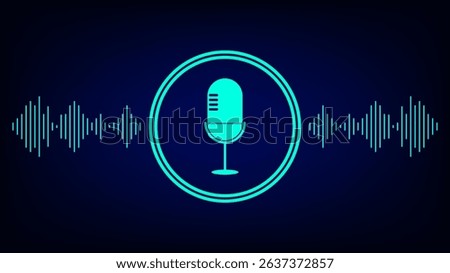 Neon blue microphone icon in a circle with surrounding sound waves on a dark background, representing podcast, audio recording, or live voice broadcasting