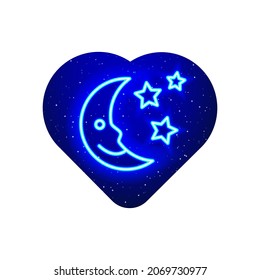 Neon blue moon and star icon. Realistic sky neon moon, star merry christmas icon. Night smiling moon icon in neon heart. Isolated On White Background.