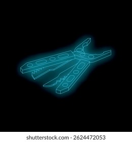 Neon blue multi tool pliers with various tools extended, glowing on a dark background, futuristic concept