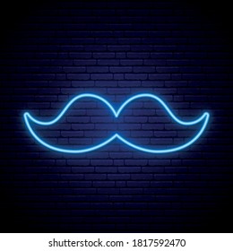 Neon blue mustache icon on dark brick wall background. Bright neon signboard. Vector illustration.