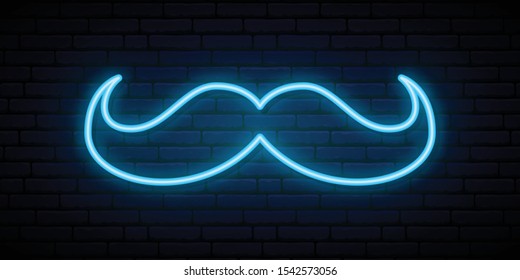 Neon blue mustache sign on brick wall background. Bright neon signboard. Stock Vector illustration.