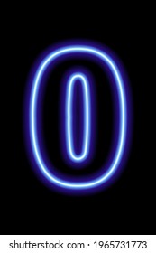 Neon blue number 0 on black background. Learning numbers, serial number, price, place. Vector illustration