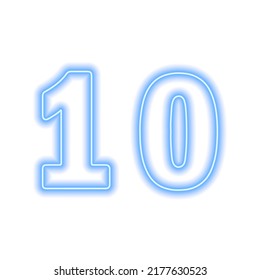 Neon blue number 10 isolated on white. Serial number, price, place. Vector illustration