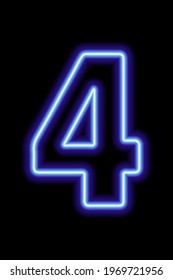 Neon blue number 4 on black background. Learning numbers, serial number, price, place. Vector illustration