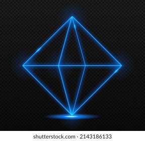 Neon blue octahedron. Geometric volumetric figures, diamond or brilliant. Luxury elements, stylish logo for nightclub. Realistic 3D vector illustration isolated on black transparent background