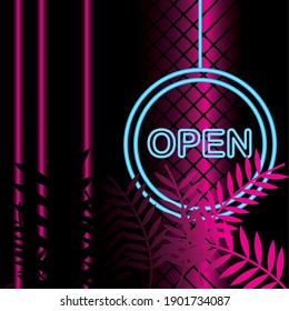 Neon blue open label hanging design, Decoration advertising and fluorescent light theme Vector illustration