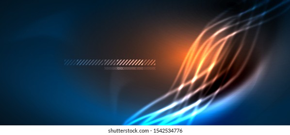 Neon blue and orange abstract waves background. Shiny lights on bright colors with design elements. Futuristic or technology template illustration, hi-tech concept