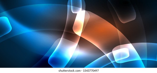 Neon blue and orange abstract waves background. Shiny lights on bright colors with design elements. Futuristic or technology template illustration, hi-tech concept