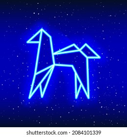 Neon blue origami horse icon. Midnight blue. The art of folding. Neon linear horse design. Realistic neon icon. Linear icon on White Background.