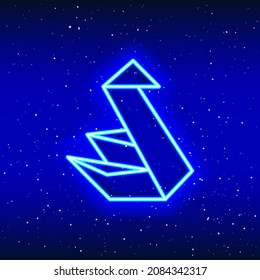 Neon blue origami swan icon. Midnight blue. The art of folding. Neon swan design. Realistic neon icon. Linear icon on white background.