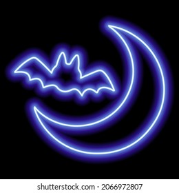 Neon blue outline of a bat and moon on a black background. Halloween. Vector illustration