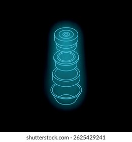Neon blue outline of a bearing exploding on a black background